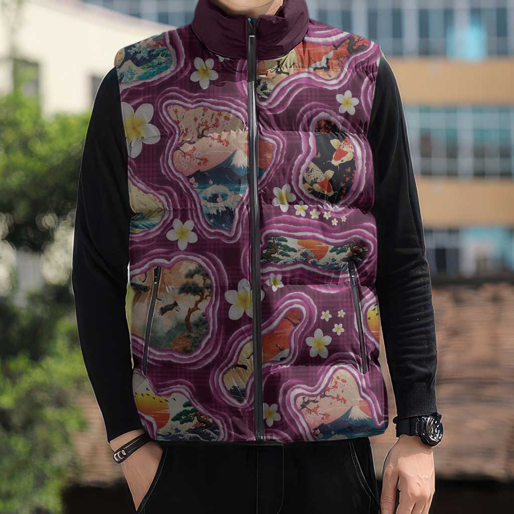 Hawaii Islands Map Design with Japanese Landscape Sleeveless Puffer Jacket Hawaiian Japan Fusion Art Pink Color