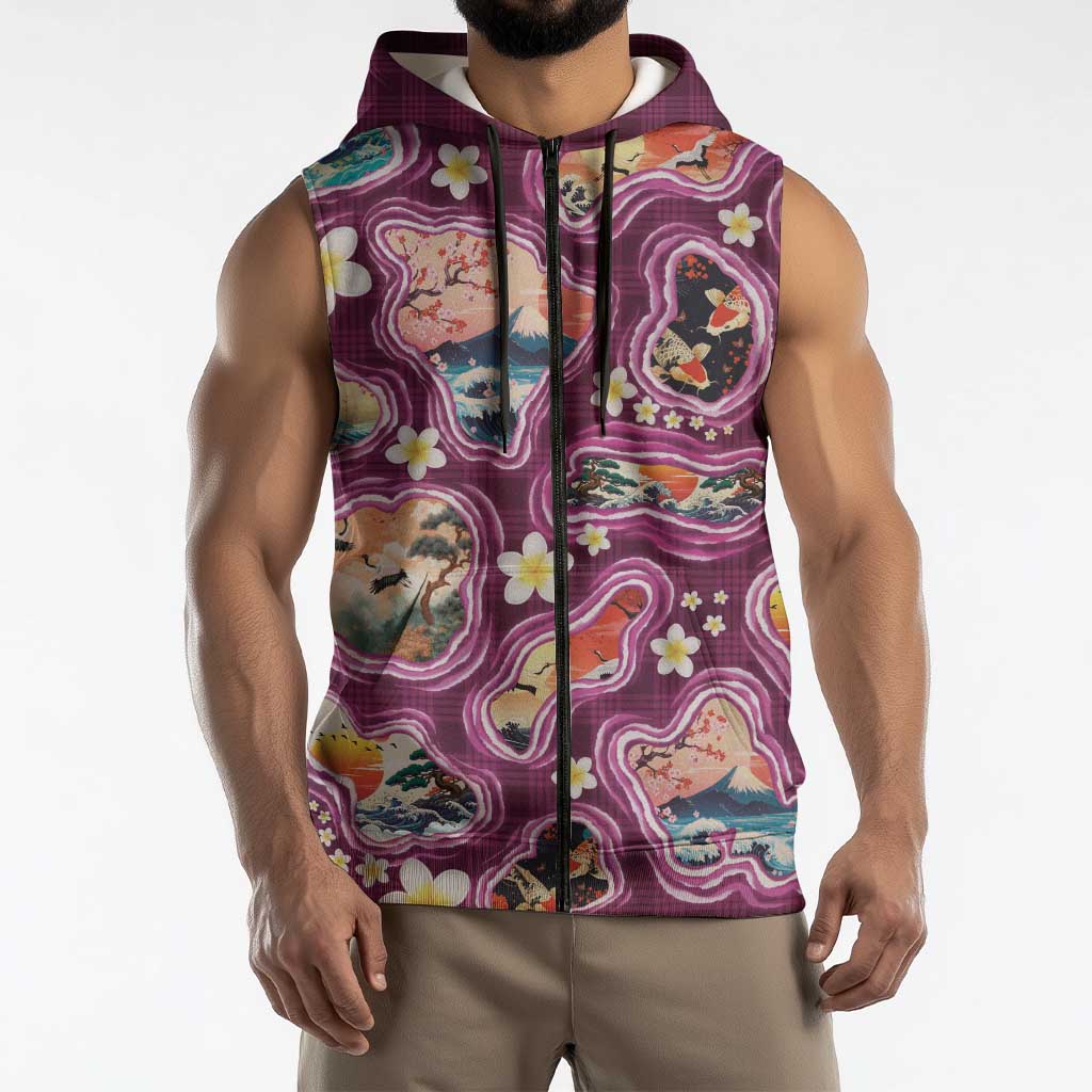 Hawaii Islands Map Design with Japanese Landscape Sleeveless Zip Hoodie Hawaiian Japan Fusion Art Pink Color LT03 - Polynesian Pride