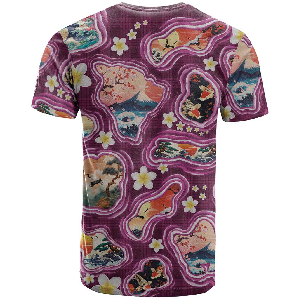 Hawaii Islands Map Design with Japanese Landscape T Shirt Hawaiian Japan Fusion Art Pink Color