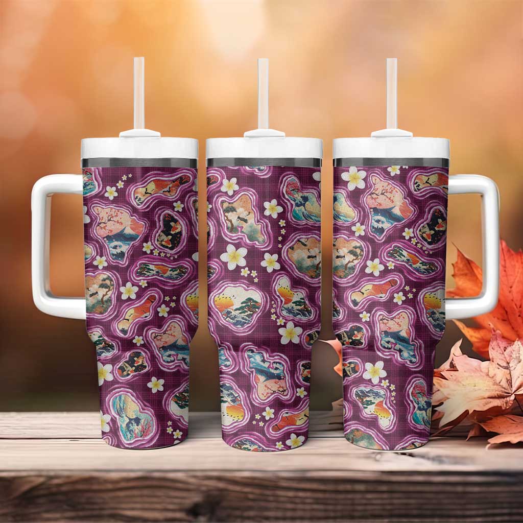 Hawaii Islands Map Design with Japanese Landscape Tumbler With Handle Hawaiian Japan Fusion Art Pink Color