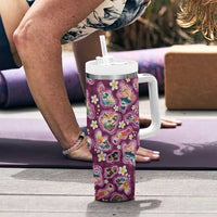Hawaii Islands Map Design with Japanese Landscape Tumbler With Handle Hawaiian Japan Fusion Art Pink Color