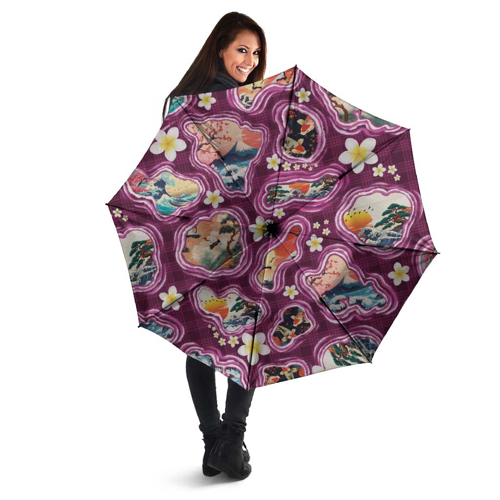 Hawaii Islands Map Design with Japanese Landscape Umbrella Hawaiian Japan Fusion Art Pink Color