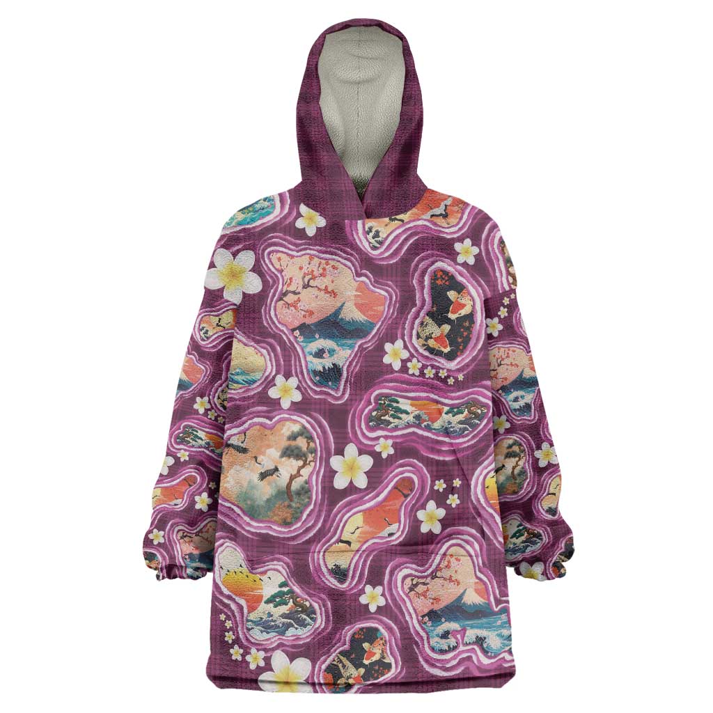 Hawaii Islands Map Design with Japanese Landscape Wearable Blanket Hoodie Hawaiian Japan Fusion Art Pink Color LT03 One Size Pink - Polynesian Pride