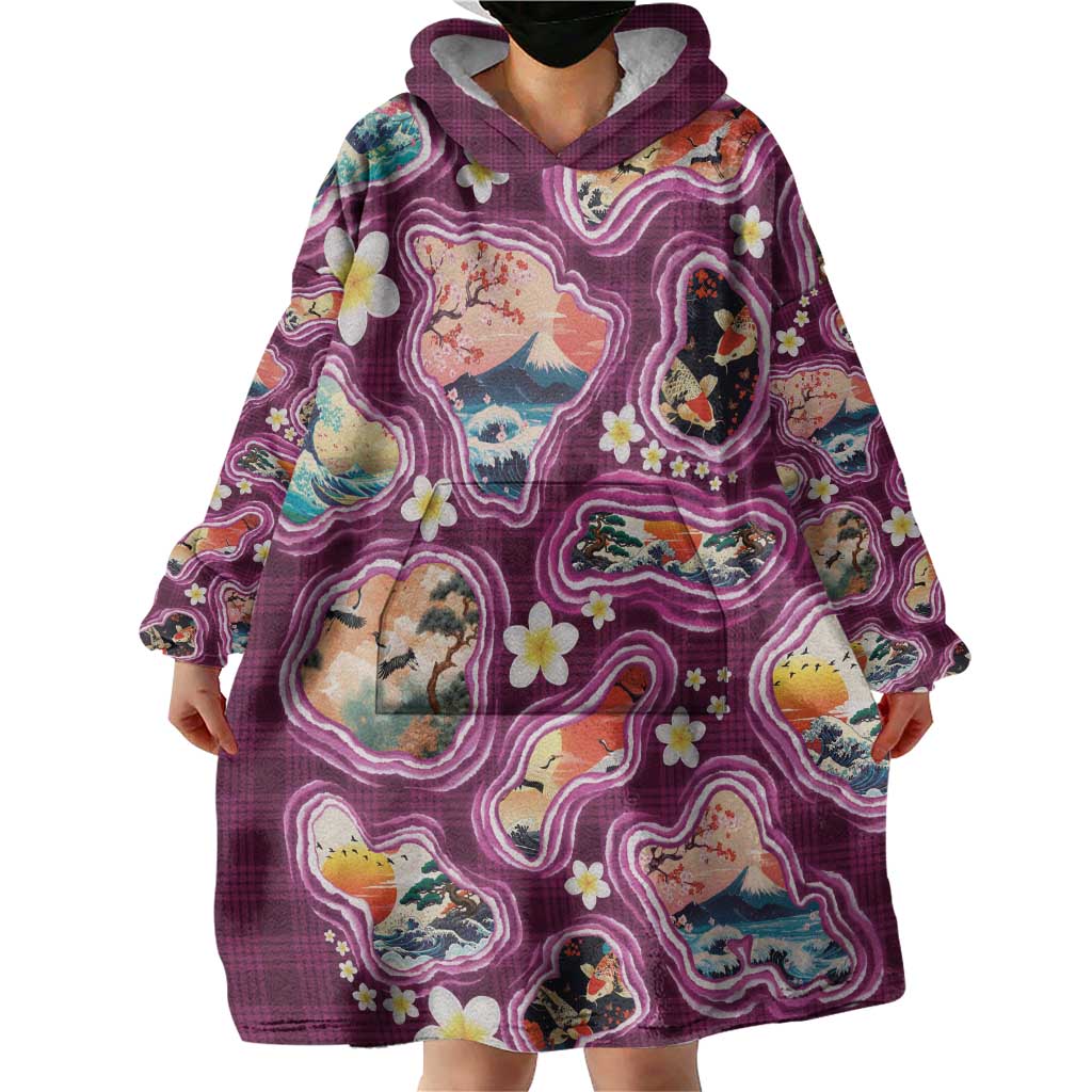 Hawaii Islands Map Design with Japanese Landscape Wearable Blanket Hoodie Hawaiian Japan Fusion Art Pink Color LT03 - Polynesian Pride