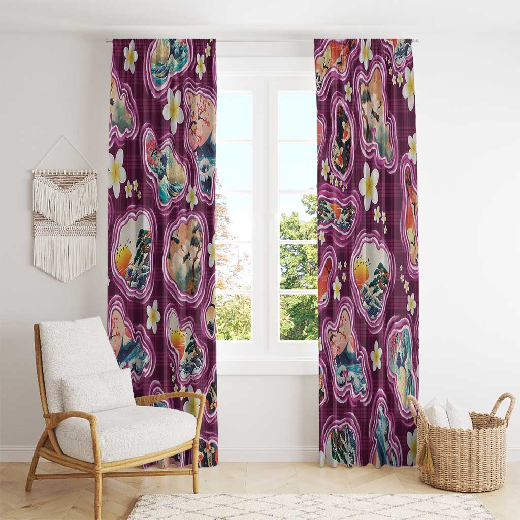 Hawaii Islands Map Design with Japanese Landscape Window Curtain Hawaiian Japan Fusion Art Pink Color