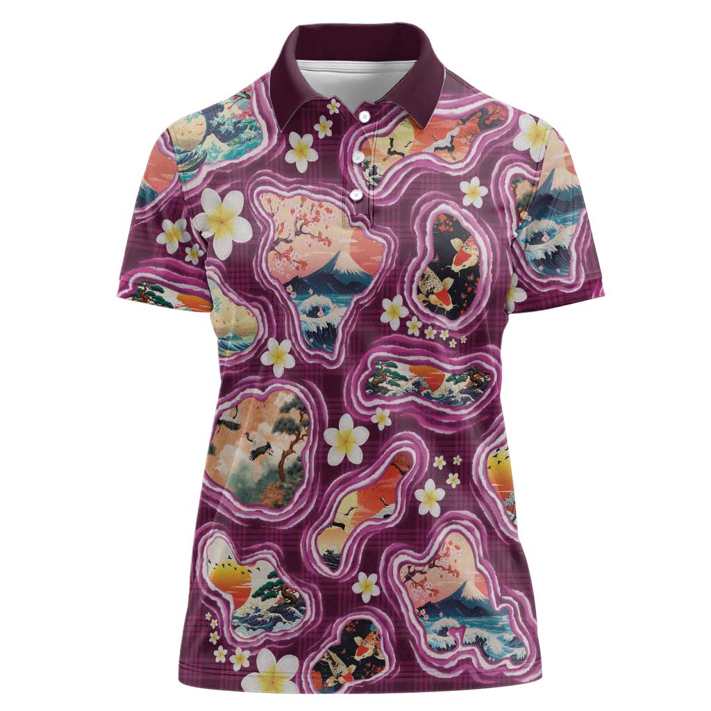 Hawaii Islands Map Design with Japanese Landscape Women Polo Shirt Hawaiian Japan Fusion Art Pink Color