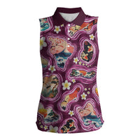 Hawaii Islands Map Design with Japanese Landscape Women Sleeveless Polo Shirt Hawaiian Japan Fusion Art Pink Color LT03 Female Pink - Polynesian Pride