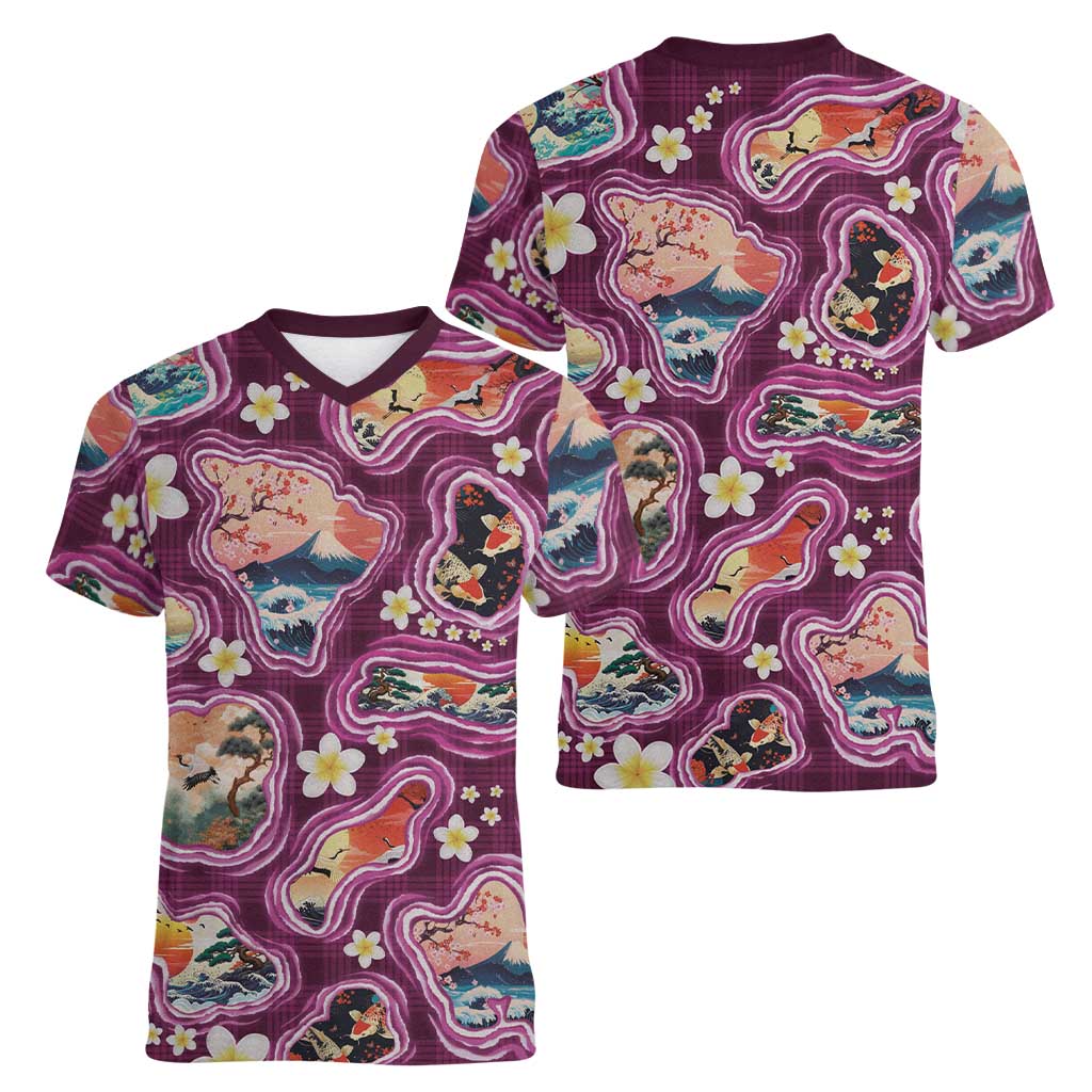 Hawaii Islands Map Design with Japanese Landscape Women V-Neck T-Shirt Hawaiian Japan Fusion Art Pink Color LT03 - Polynesian Pride