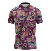 Hawaii Islands Map Design with Japanese Landscape Zipper Polo Shirt Hawaiian Japan Fusion Art Pink Color