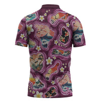 Hawaii Islands Map Design with Japanese Landscape Zipper Polo Shirt Hawaiian Japan Fusion Art Pink Color