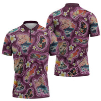 Hawaii Islands Map Design with Japanese Landscape Zipper Polo Shirt Hawaiian Japan Fusion Art Pink Color