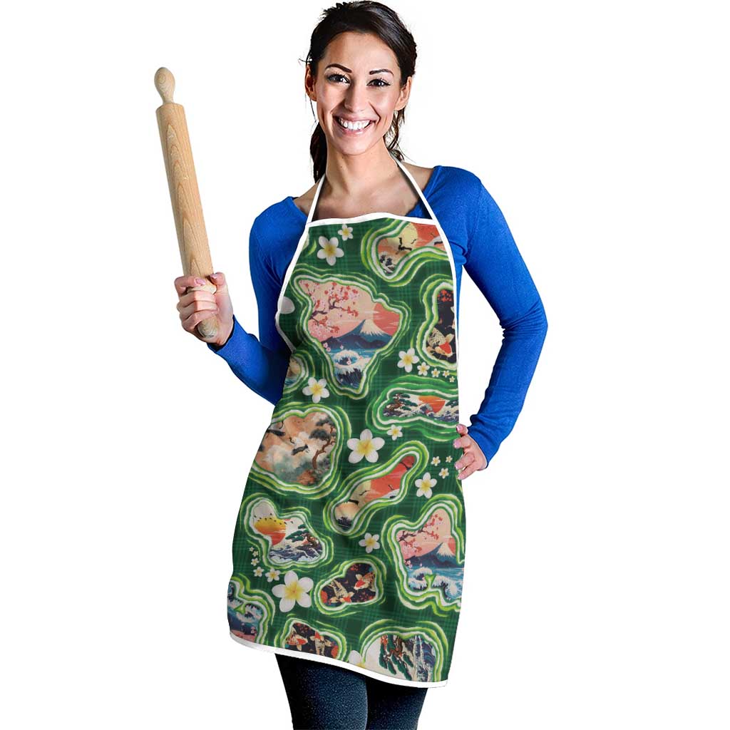 Hawaiian and Japanese Culture Together Apron Hawaiian Island Shapes with Japanese Landscape Green Color LT03 - Polynesian Pride