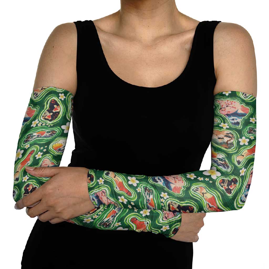 Hawaiian and Japanese Culture Together Arm Sleeves Hawaiian Island Shapes with Japanese Landscape Green Color LT03 - Polynesian Pride