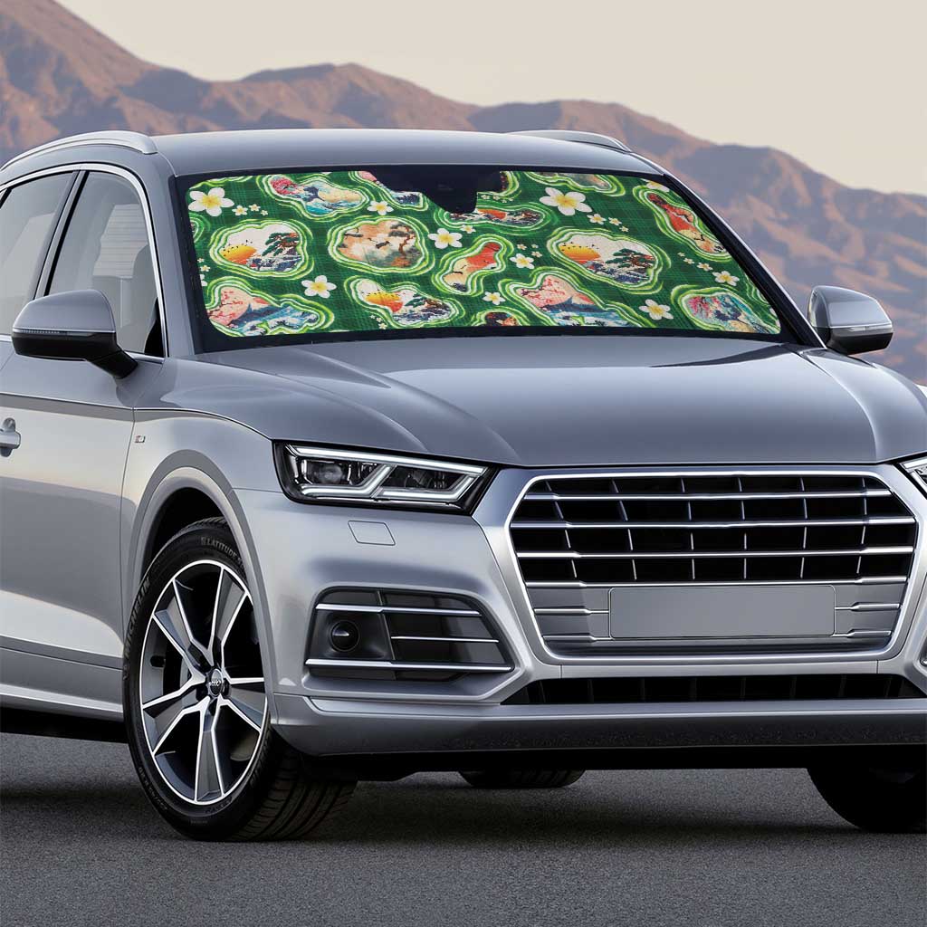 Hawaiian and Japanese Culture Together Auto Sun Shade Hawaiian Island Shapes with Japanese Landscape Green Color LT03 - Polynesian Pride