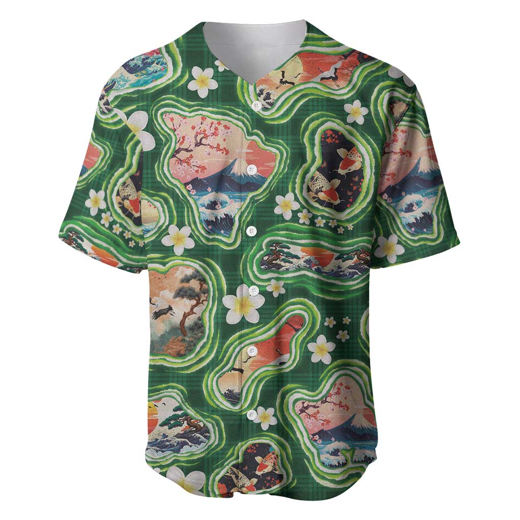 Hawaiian and Japanese Culture Together Baseball Jersey Hawaiian Island Shapes with Japanese Landscape Green Color