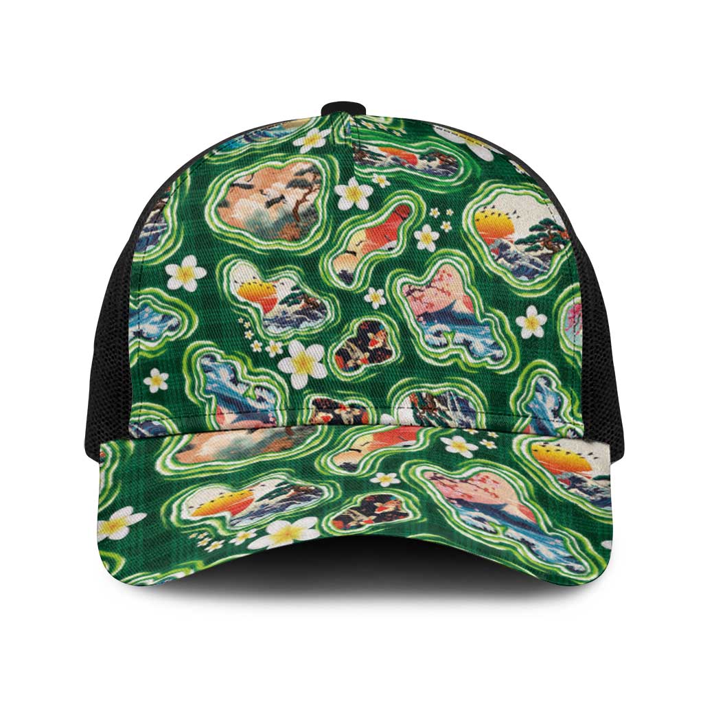 Hawaiian and Japanese Culture Together Baseball Net Cap Hawaiian Island Shapes with Japanese Landscape Green Color LT03 One Size Black Green - Polynesian Pride