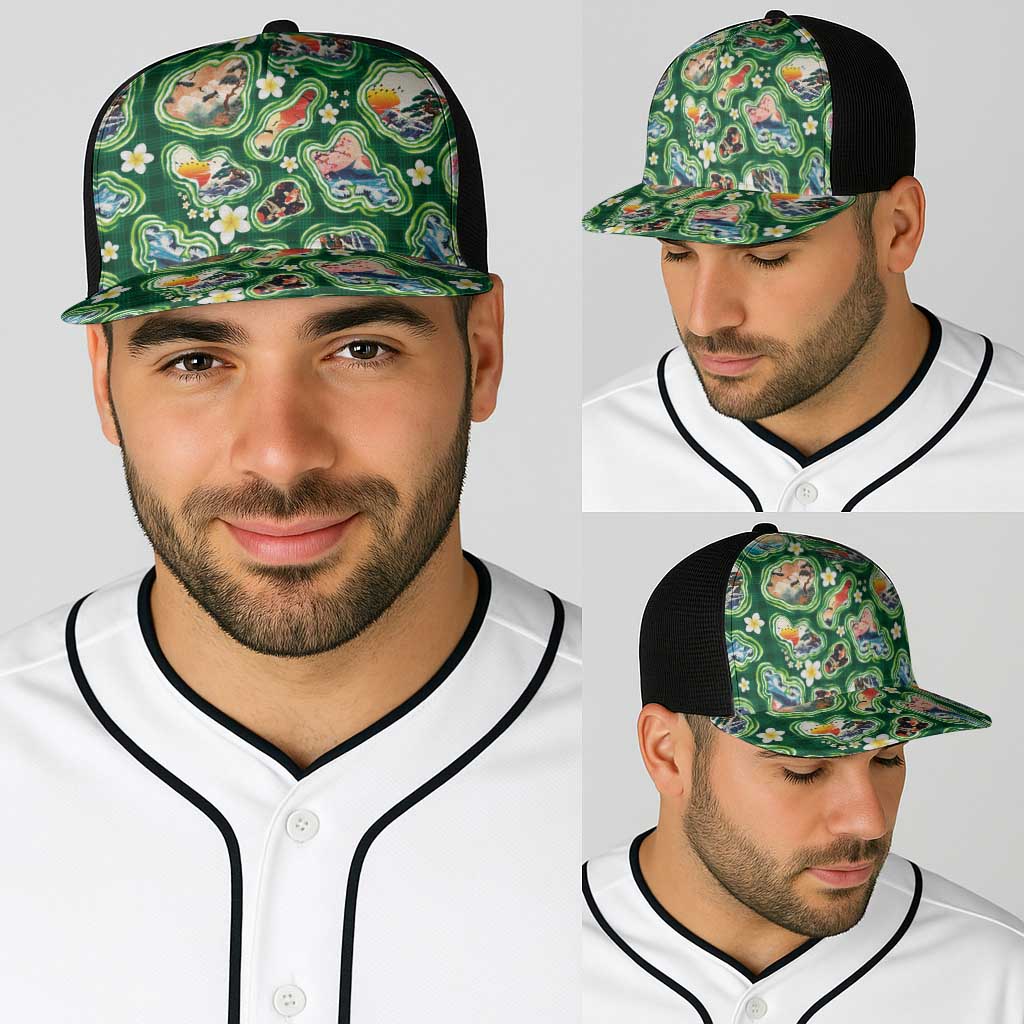Hawaiian and Japanese Culture Together Baseball Net Cap Hawaiian Island Shapes with Japanese Landscape Green Color LT03 - Polynesian Pride