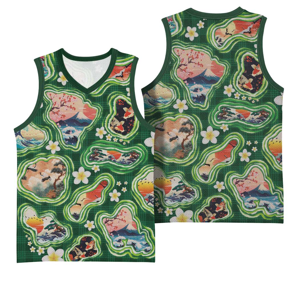 Hawaiian and Japanese Culture Together Basketball Jersey Hawaiian Island Shapes with Japanese Landscape Green Color LT03 - Polynesian Pride