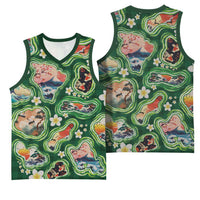 Hawaiian and Japanese Culture Together Basketball Jersey Hawaiian Island Shapes with Japanese Landscape Green Color LT03 - Polynesian Pride