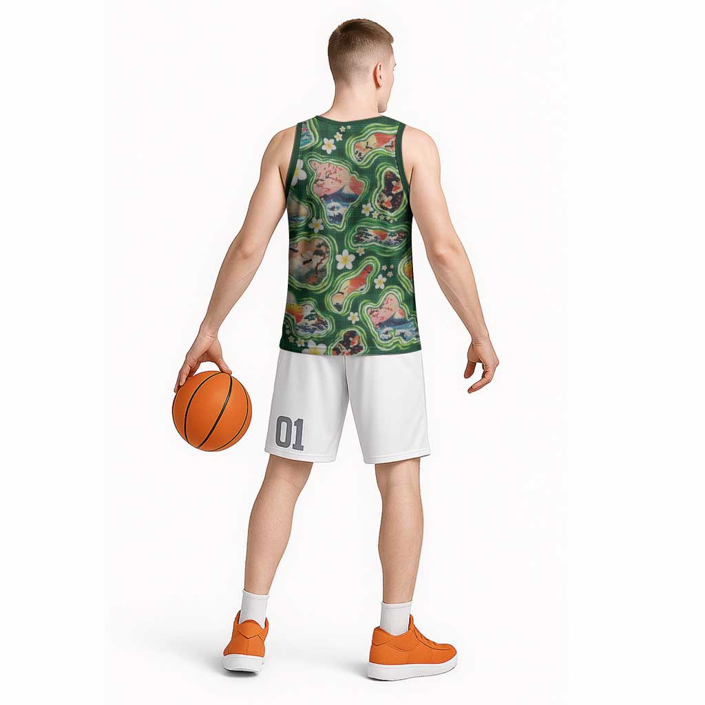 Hawaiian and Japanese Culture Together Basketball Jersey Hawaiian Island Shapes with Japanese Landscape Green Color LT03 - Polynesian Pride