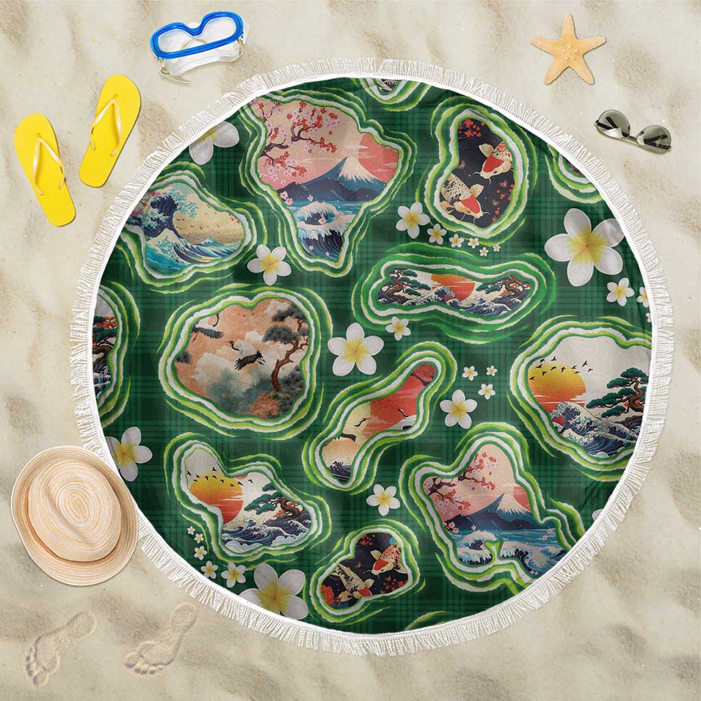 Hawaiian and Japanese Culture Together Beach Blanket Hawaiian Island Shapes with Japanese Landscape Green Color