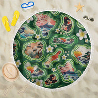 Hawaiian and Japanese Culture Together Beach Blanket Hawaiian Island Shapes with Japanese Landscape Green Color LT03 One Size 150cm Green - Polynesian Pride