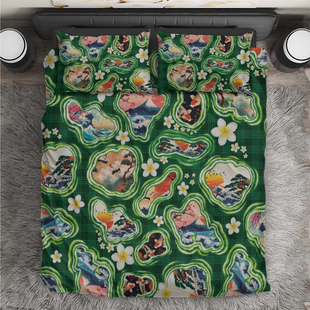 Hawaiian and Japanese Culture Together Bedding Set Hawaiian Island Shapes with Japanese Landscape Green Color