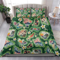 Hawaiian and Japanese Culture Together Bedding Set Hawaiian Island Shapes with Japanese Landscape Green Color LT03 - Polynesian Pride