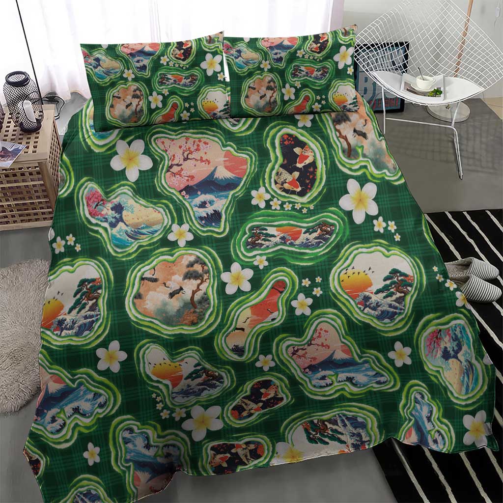 Hawaiian and Japanese Culture Together Bedding Set Hawaiian Island Shapes with Japanese Landscape Green Color LT03 - Polynesian Pride