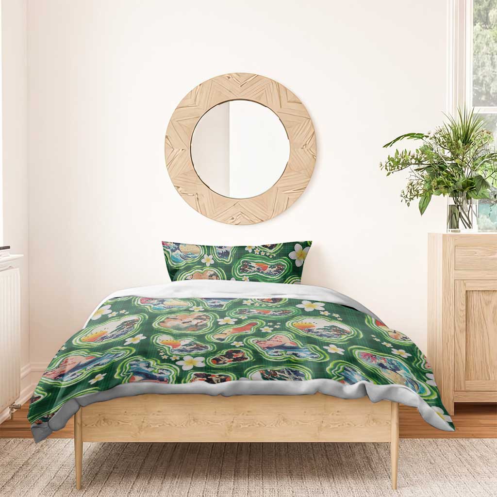 Hawaiian and Japanese Culture Together Bedding Set Hawaiian Island Shapes with Japanese Landscape Green Color LT03 - Polynesian Pride