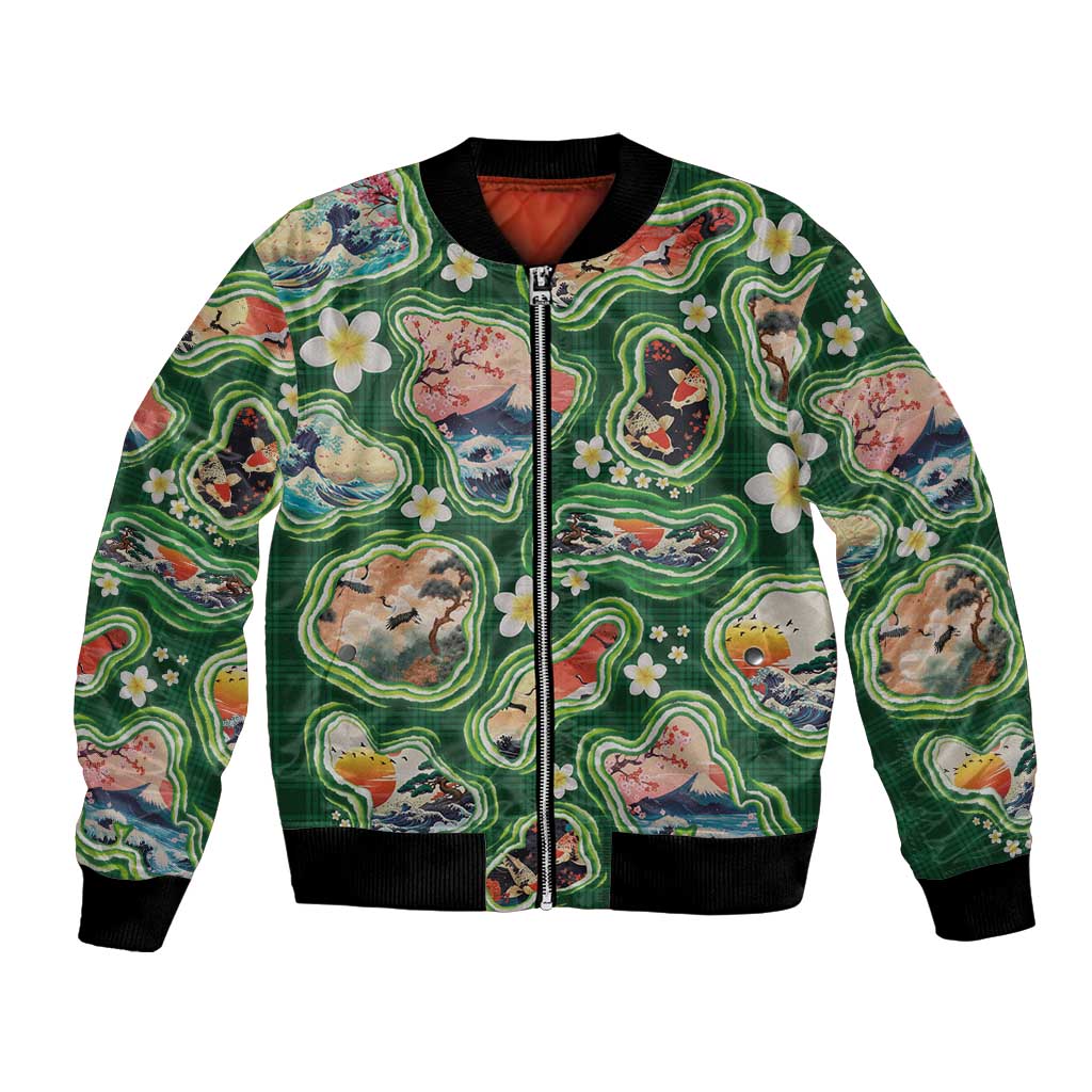 Hawaiian and Japanese Culture Together Bomber Jacket Hawaiian Island Shapes with Japanese Landscape Green Color LT03 Unisex Green - Polynesian Pride