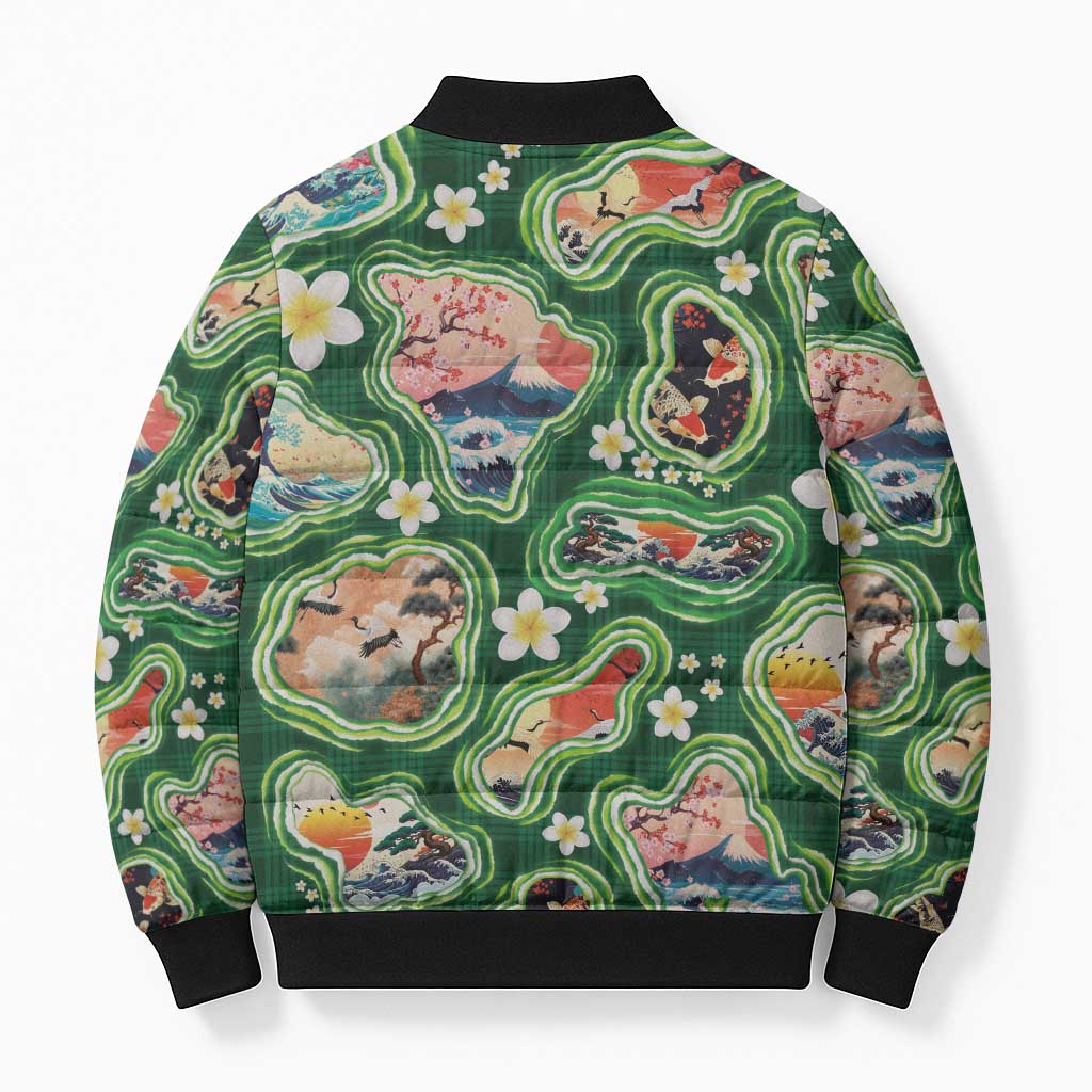 Hawaiian and Japanese Culture Together Bomber Puffer Jacket Hawaiian Island Shapes with Japanese Landscape Green Color LT03 - Polynesian Pride