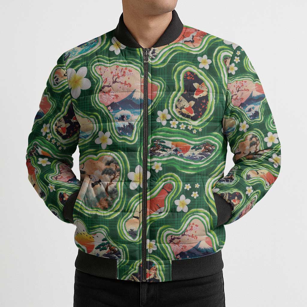 Hawaiian and Japanese Culture Together Bomber Puffer Jacket Hawaiian Island Shapes with Japanese Landscape Green Color LT03 - Polynesian Pride