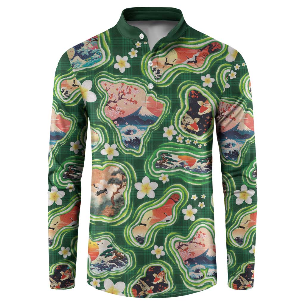 Hawaiian and Japanese Culture Together Button Sweatshirt Hawaiian Island Shapes with Japanese Landscape Green Color LT03 Green - Polynesian Pride