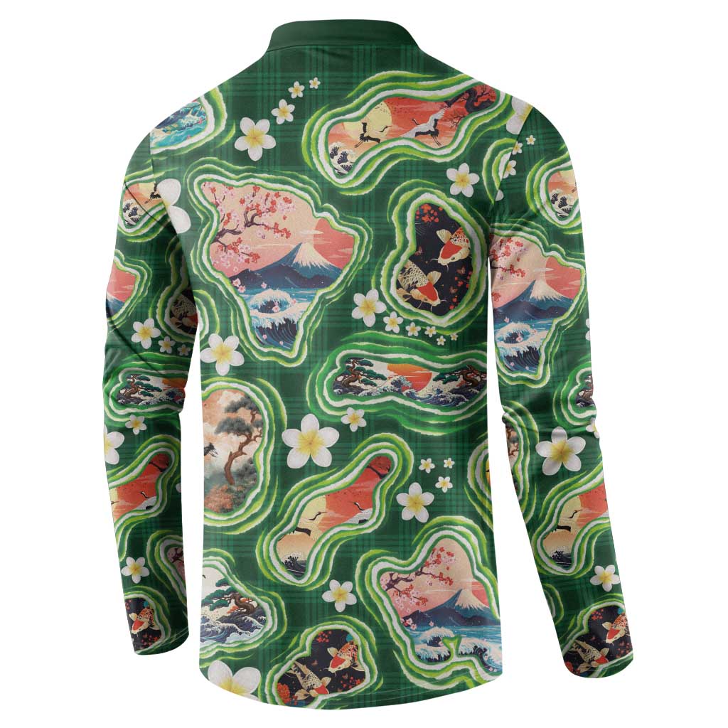 Hawaiian and Japanese Culture Together Button Sweatshirt Hawaiian Island Shapes with Japanese Landscape Green Color LT03 - Polynesian Pride
