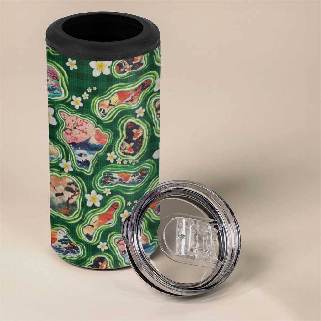 Hawaiian and Japanese Culture Together 4 in 1 Can Cooler Tumbler Hawaiian Island Shapes with Japanese Landscape Green Color LT03 - Polynesian Pride