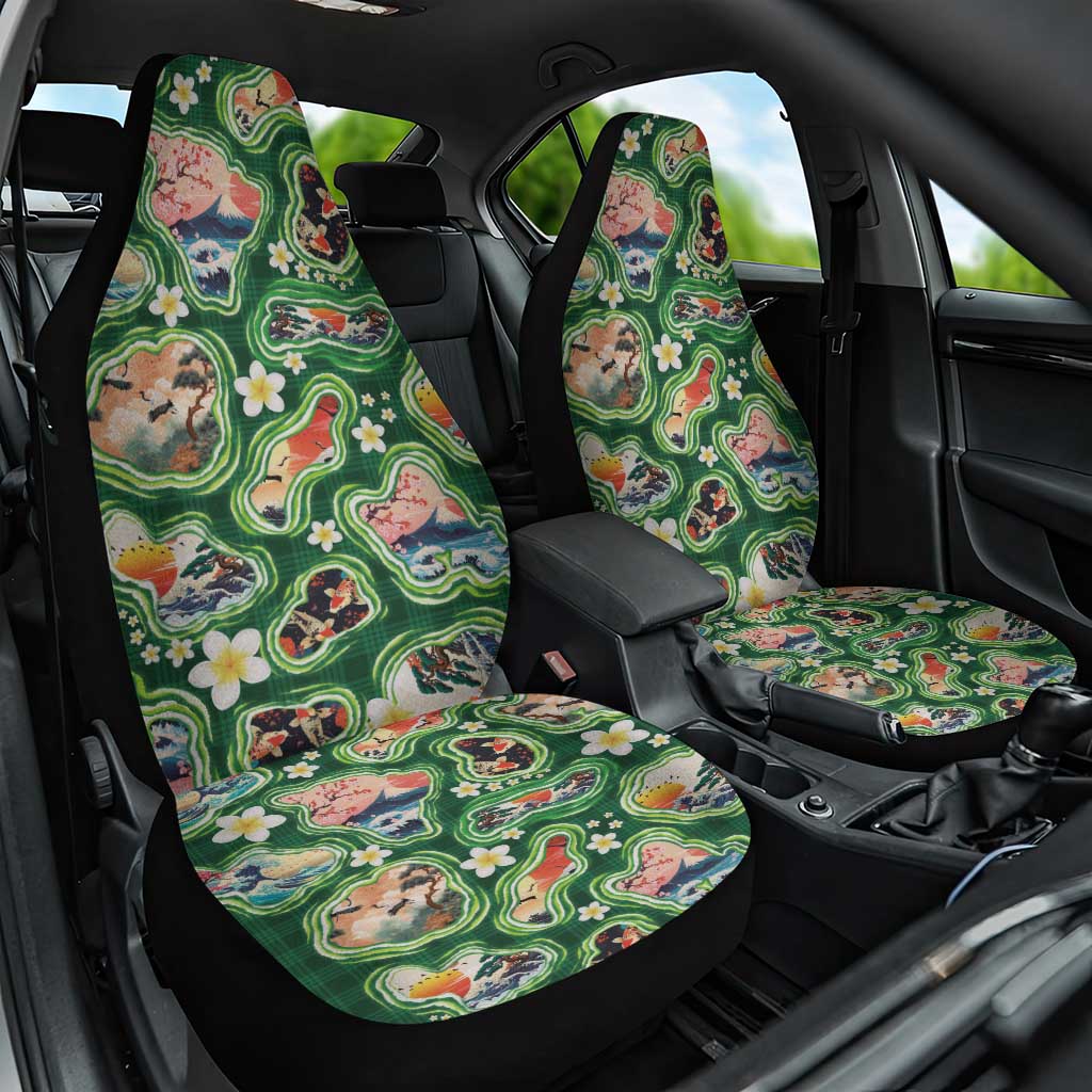 Hawaiian and Japanese Culture Together Car Seat Cover Hawaiian Island Shapes with Japanese Landscape Green Color