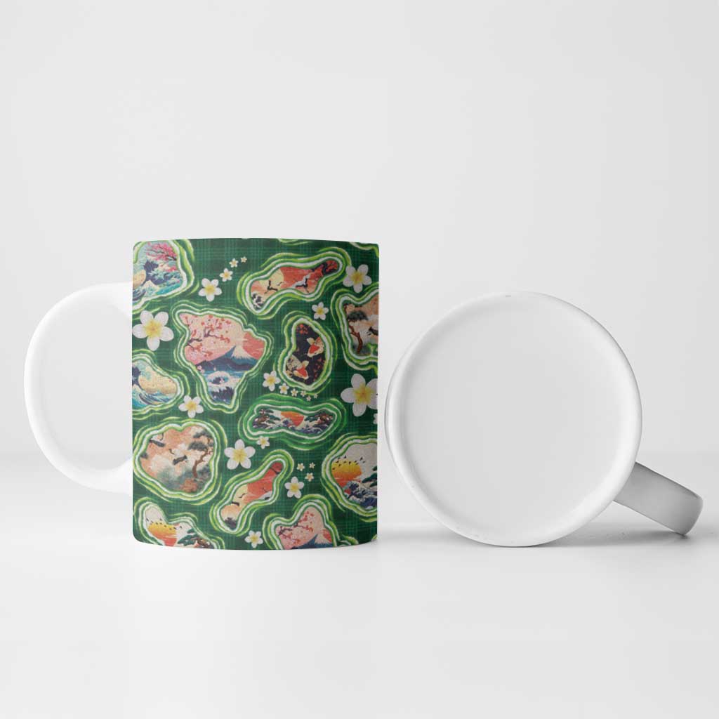 Hawaiian and Japanese Culture Together Ceramic Mug Hawaiian Island Shapes with Japanese Landscape Green Color LT03 - Polynesian Pride