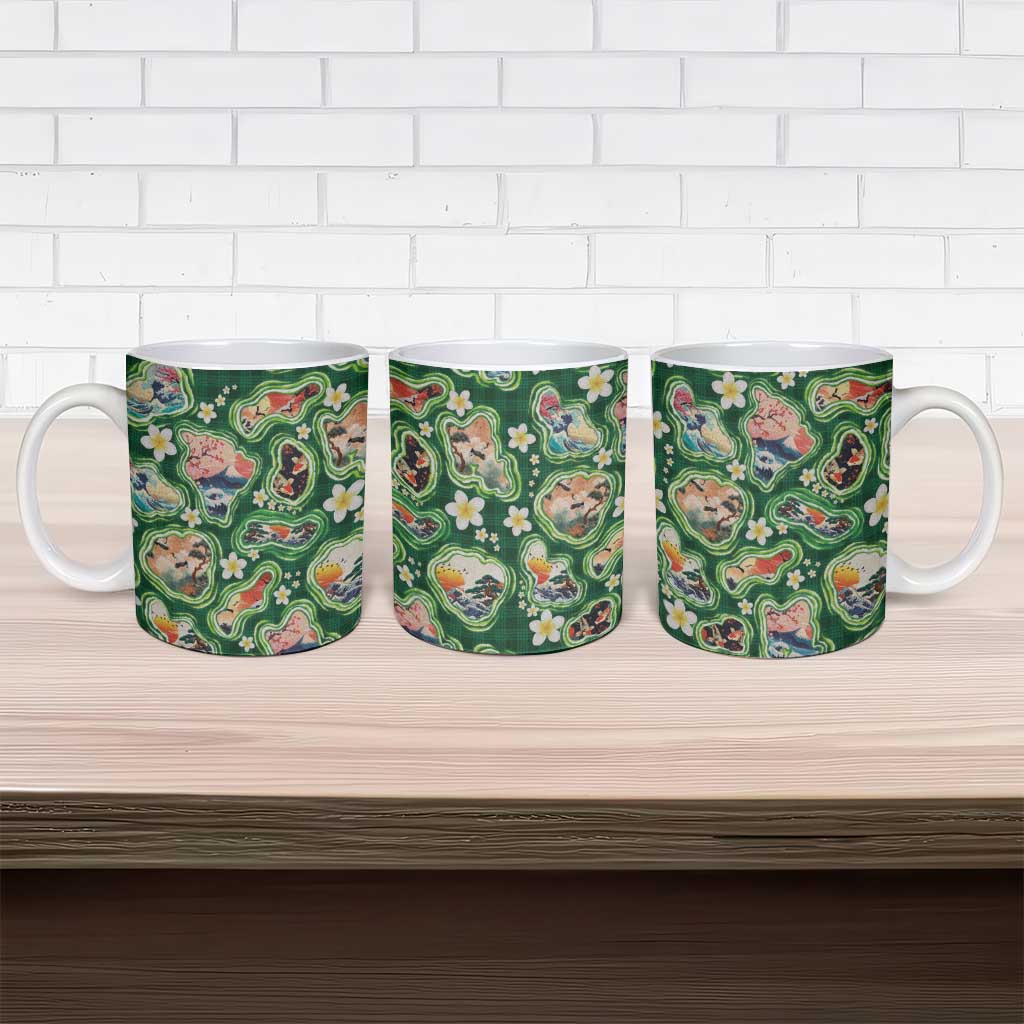 Hawaiian and Japanese Culture Together Ceramic Mug Hawaiian Island Shapes with Japanese Landscape Green Color LT03 - Polynesian Pride