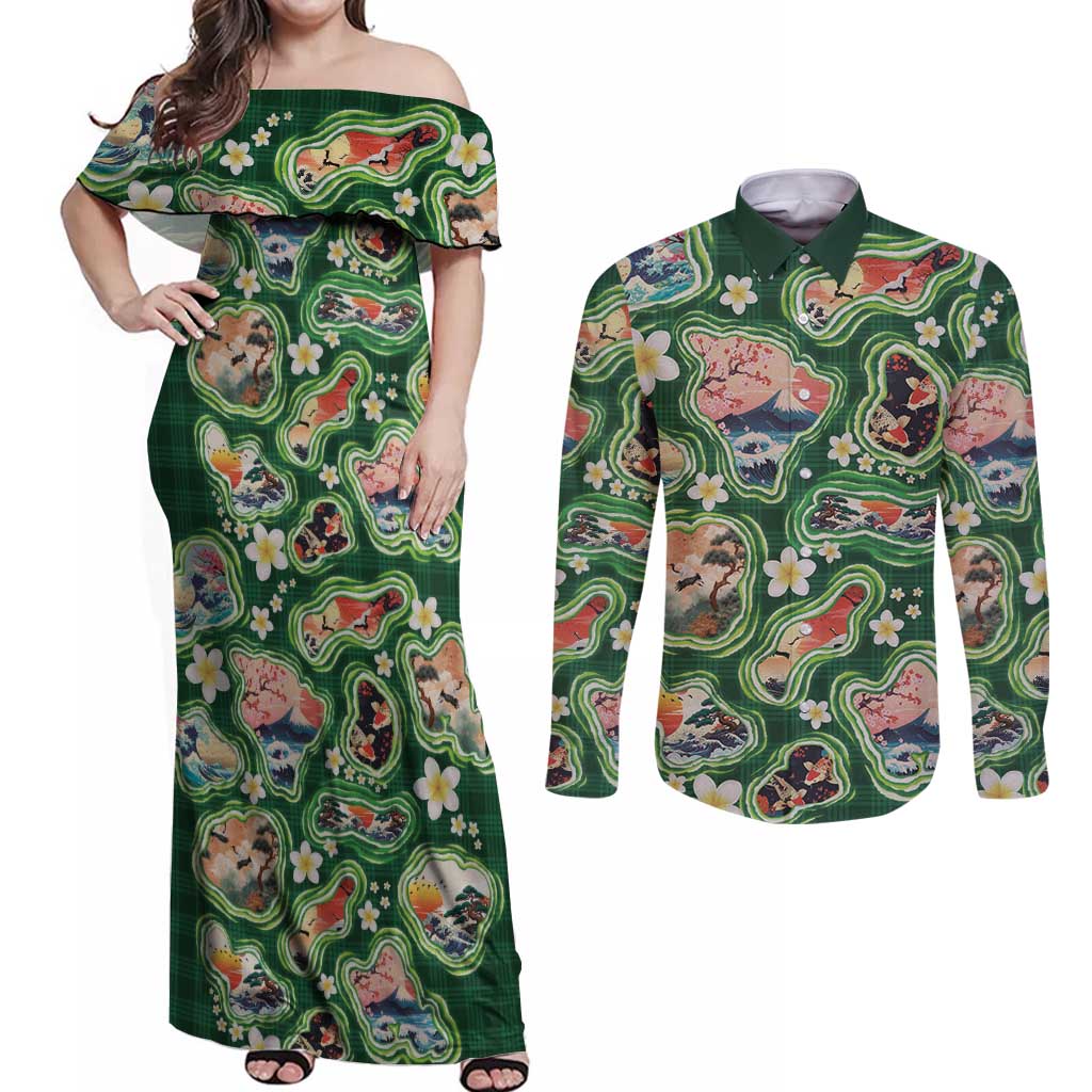 Hawaiian and Japanese Culture Together Couples Matching Off Shoulder Maxi Dress and Long Sleeve Button Shirt Hawaiian Island Shapes with Japanese Landscape Green Color LT03 Green - Polynesian Pride