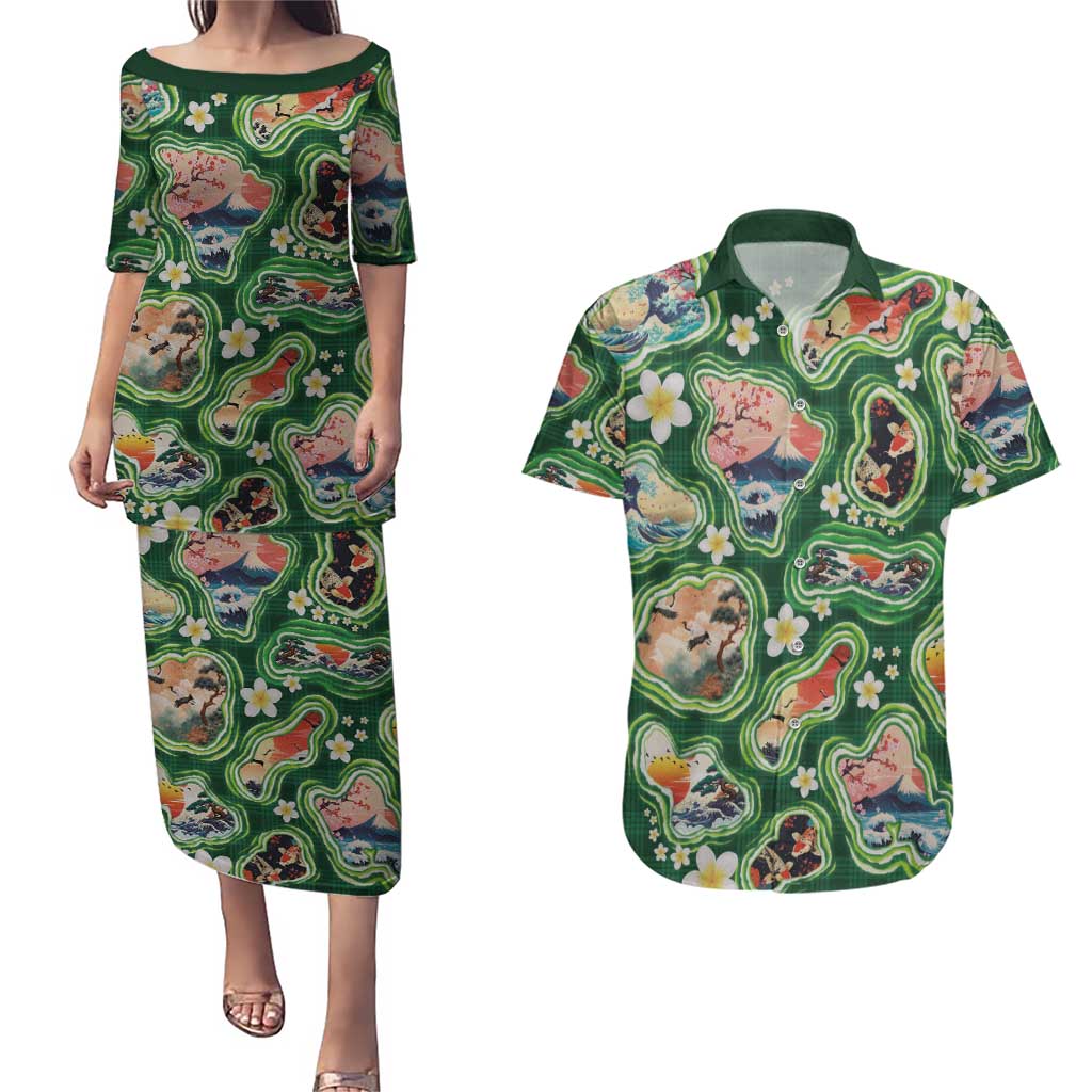 Hawaiian and Japanese Culture Together Couples Matching Puletasi and Hawaiian Shirt Hawaiian Island Shapes with Japanese Landscape Green Color LT03 Green - Polynesian Pride