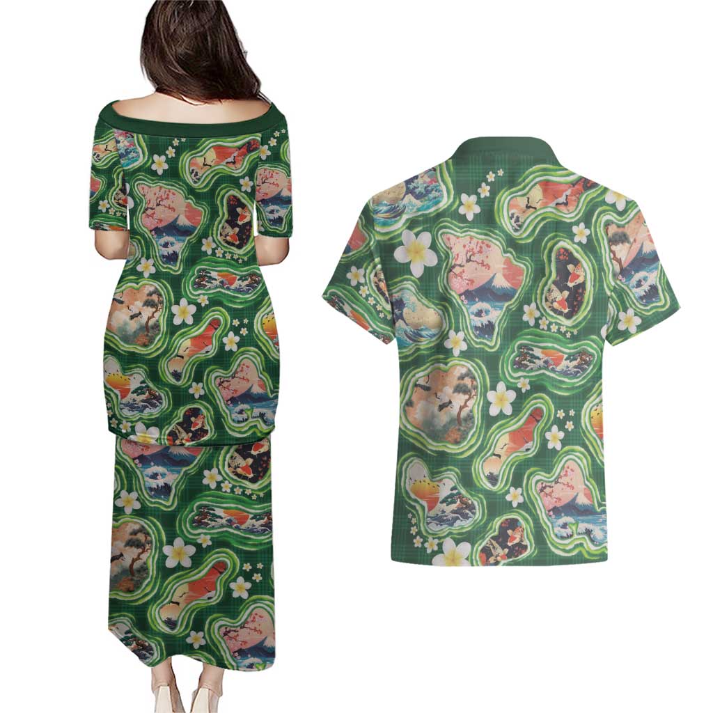 Hawaiian and Japanese Culture Together Couples Matching Puletasi and Hawaiian Shirt Hawaiian Island Shapes with Japanese Landscape Green Color LT03 - Polynesian Pride