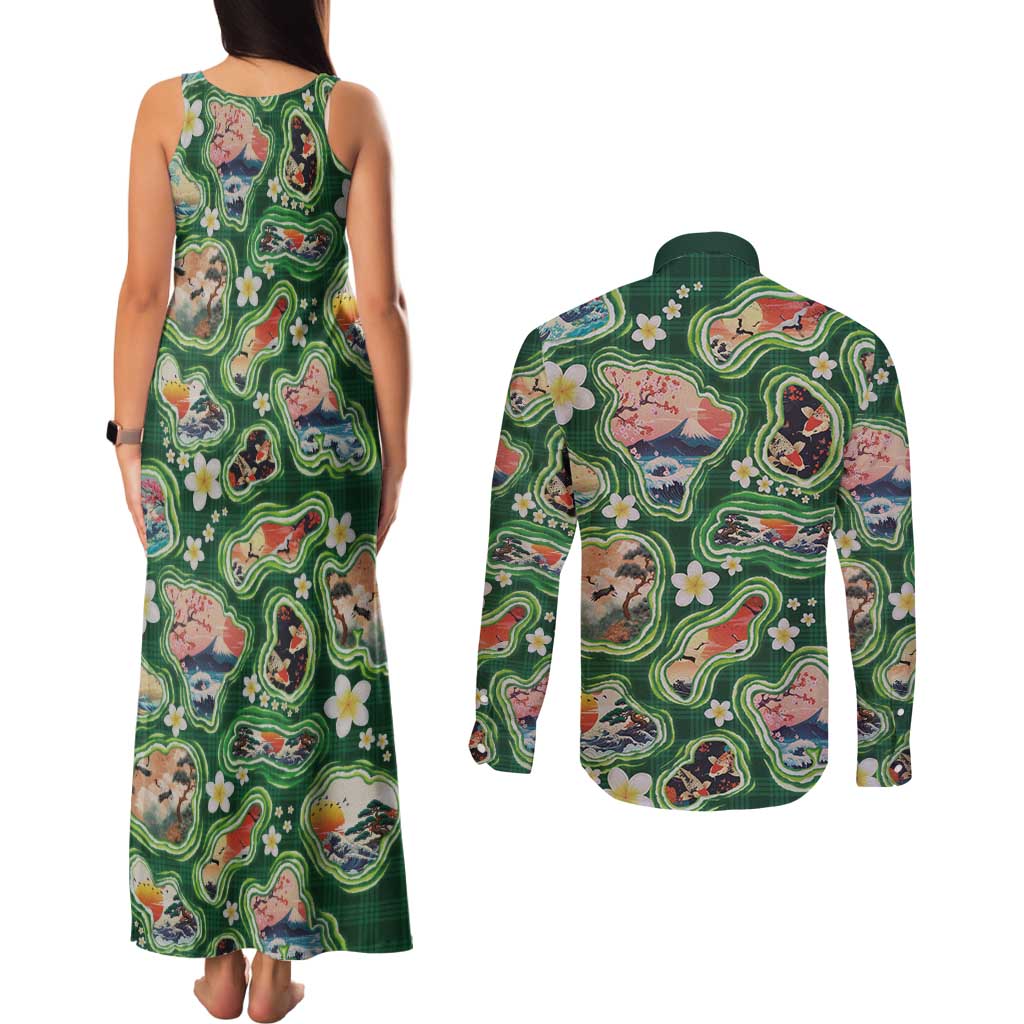 Hawaiian and Japanese Culture Together Couples Matching Tank Maxi Dress and Long Sleeve Button Shirt Hawaiian Island Shapes with Japanese Landscape Green Color LT03 - Polynesian Pride