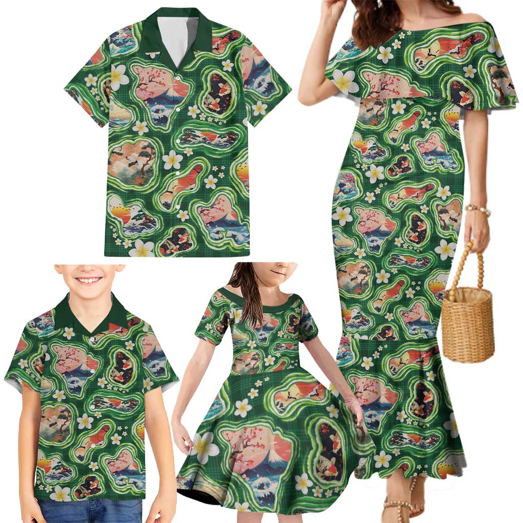 Hawaiian and Japanese Culture Together Family Matching Mermaid Dress and Hawaiian Shirt Hawaiian Island Shapes with Japanese Landscape Green Color LT03 - Polynesian Pride