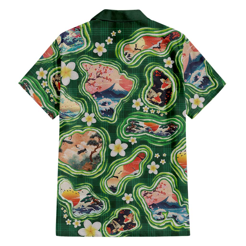 Hawaiian and Japanese Culture Together Family Matching Mermaid Dress and Hawaiian Shirt Hawaiian Island Shapes with Japanese Landscape Green Color LT03 - Polynesian Pride