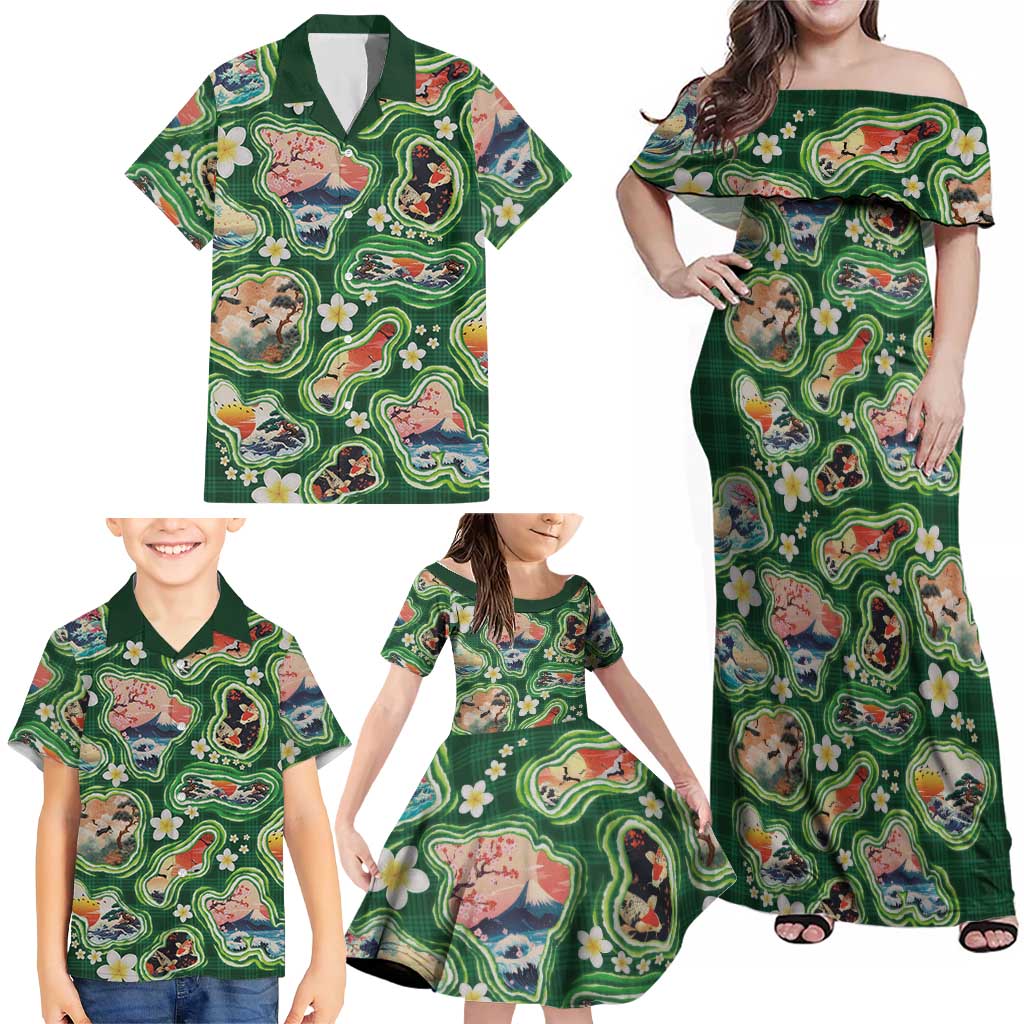 Hawaiian and Japanese Culture Together Family Matching Off Shoulder Maxi Dress and Hawaiian Shirt Hawaiian Island Shapes with Japanese Landscape Green Color