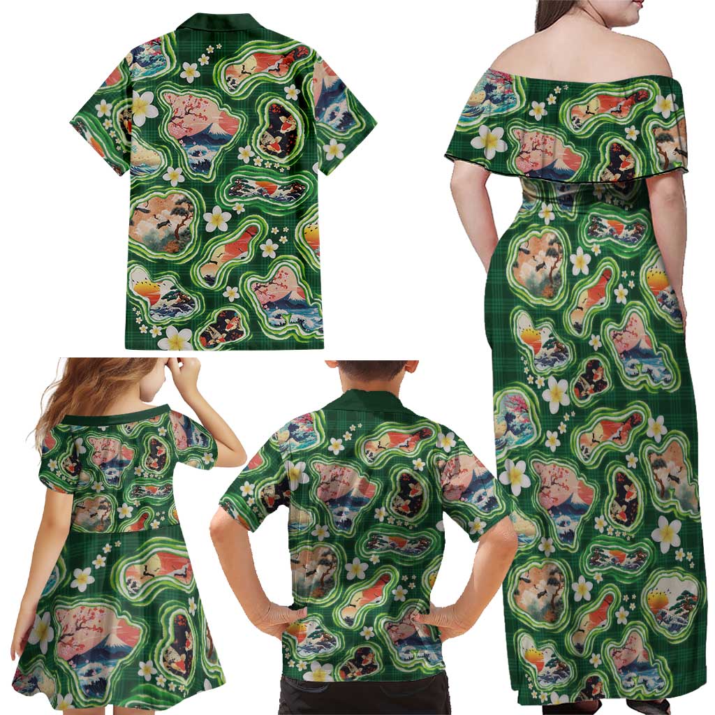 Hawaiian and Japanese Culture Together Family Matching Off Shoulder Maxi Dress and Hawaiian Shirt Hawaiian Island Shapes with Japanese Landscape Green Color LT03 - Polynesian Pride