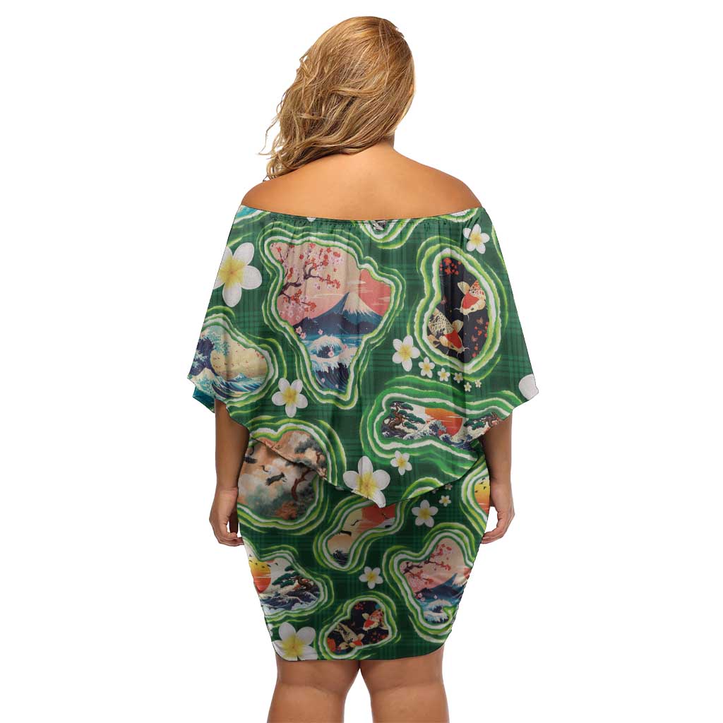 Hawaiian and Japanese Culture Together Family Matching Off Shoulder Short Dress and Hawaiian Shirt Hawaiian Island Shapes with Japanese Landscape Green Color LT03 - Polynesian Pride
