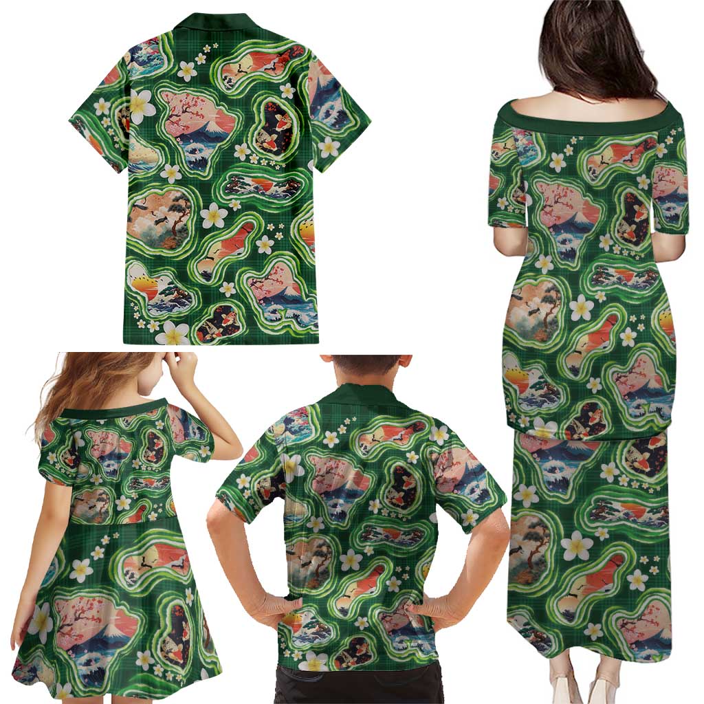 Hawaiian and Japanese Culture Together Family Matching Puletasi and Hawaiian Shirt Hawaiian Island Shapes with Japanese Landscape Green Color LT03 - Polynesian Pride