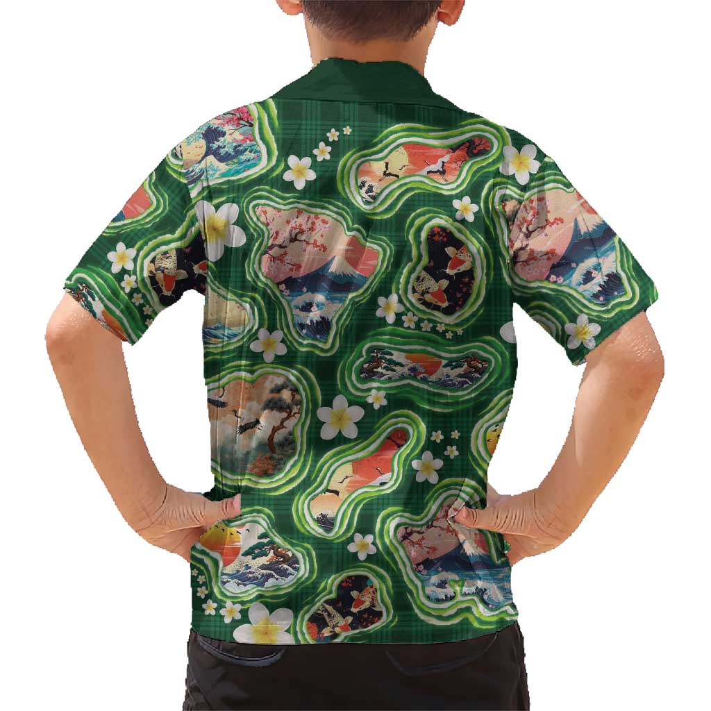 Hawaiian and Japanese Culture Together Family Matching Short Sleeve Bodycon Dress and Hawaiian Shirt Hawaiian Island Shapes with Japanese Landscape Green Color LT03 - Polynesian Pride